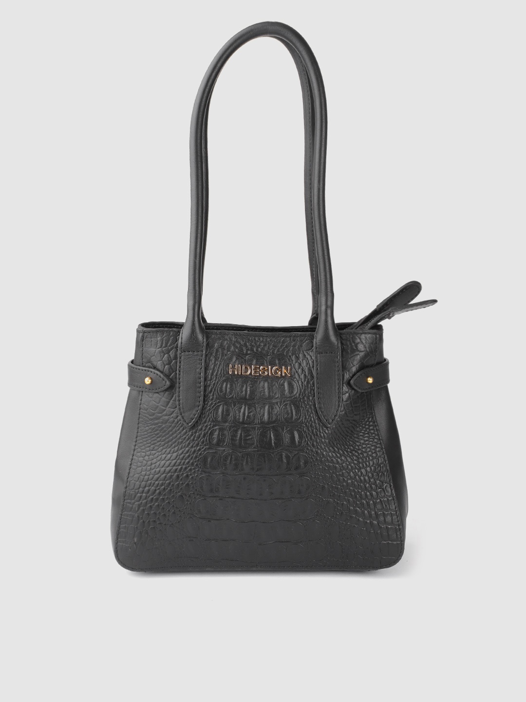 

Hidesign Black Croc Textured Leather Handcrafted Structured Shoulder Bag