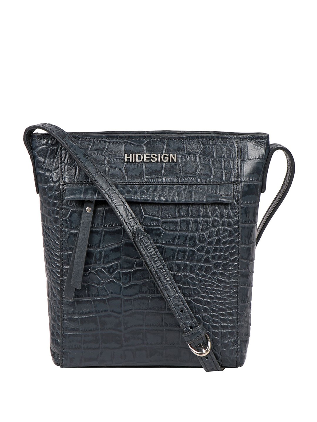 

Hidesign Navy Blue Handcrafted Croc Textured Leather Structured Sling Bag
