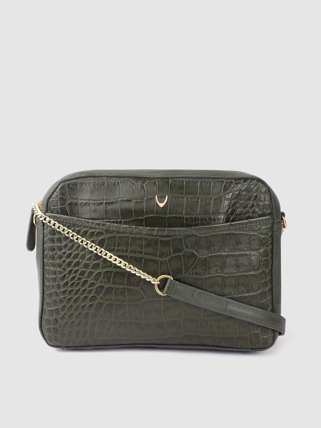 

Hidesign Women Olive Green Croc-Textured Leather Structured Sling Bag