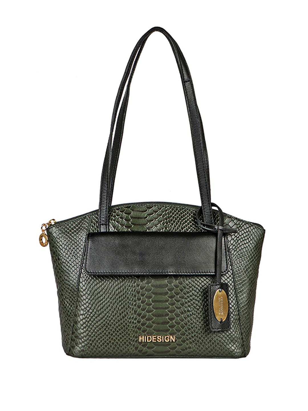 

Hidesign Dark Green Snakeskin Textured Leather Structured Shoulder Bag