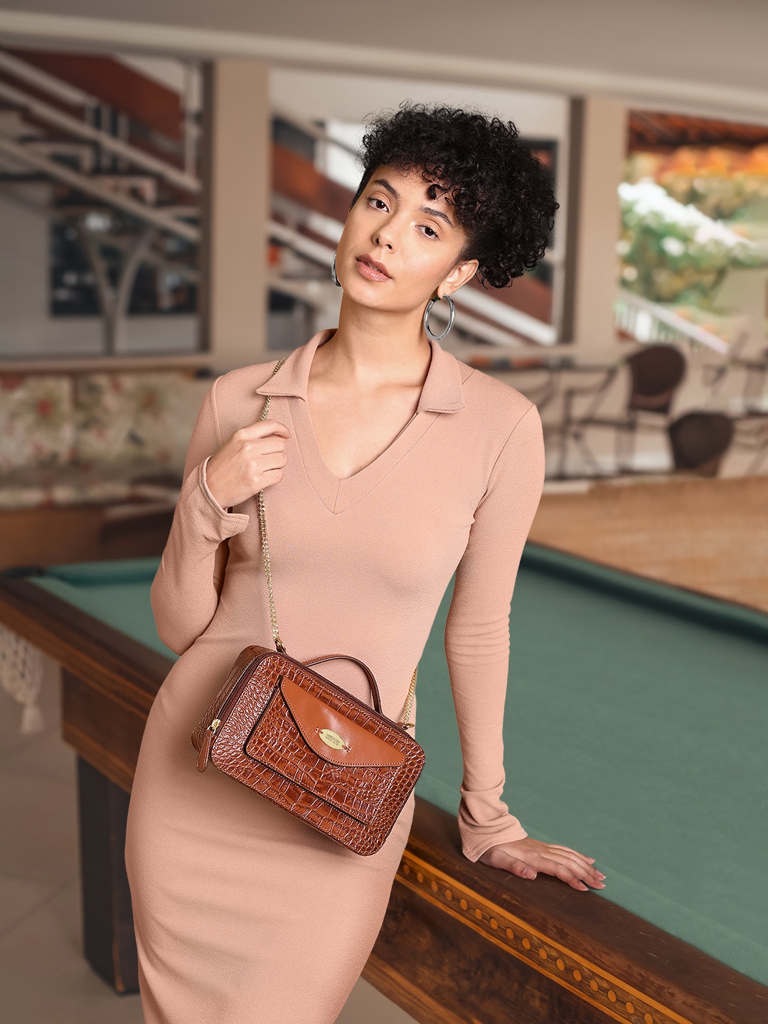 

Hidesign Tan Brown Handcrafted Croc Textured Leather Structured Shoulder Bag