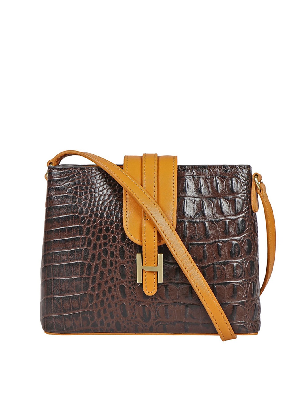 

Hidesign Brown Animal Textured Leather Structured Sling Bag