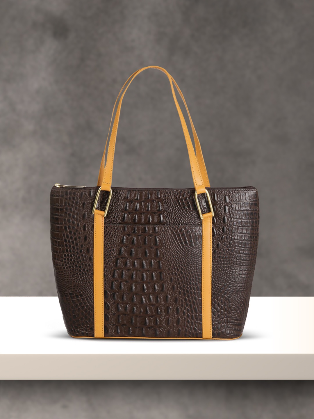 

Hidesign Brown Croc-Textured Leather Structured Shoulder Bag