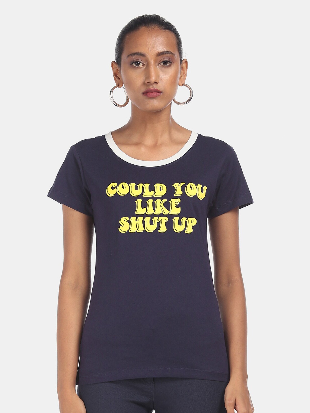 

Sugr Women Navy Blue Printed Round Neck T-shirt