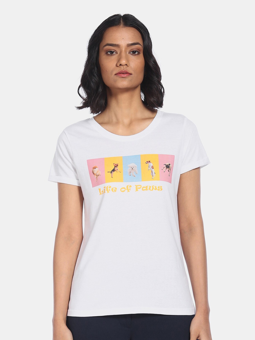 

Sugr Women White Printed Round Neck T-shirt