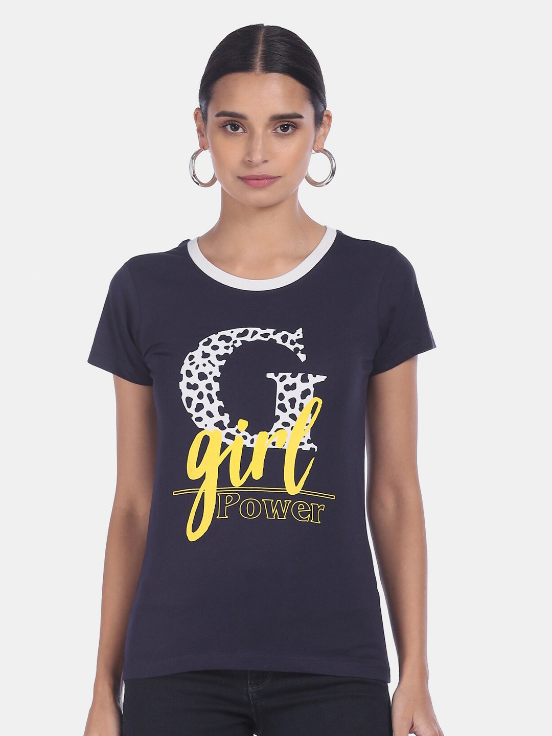 

Sugr Women Navy Blue Printed Round Neck T-shirt