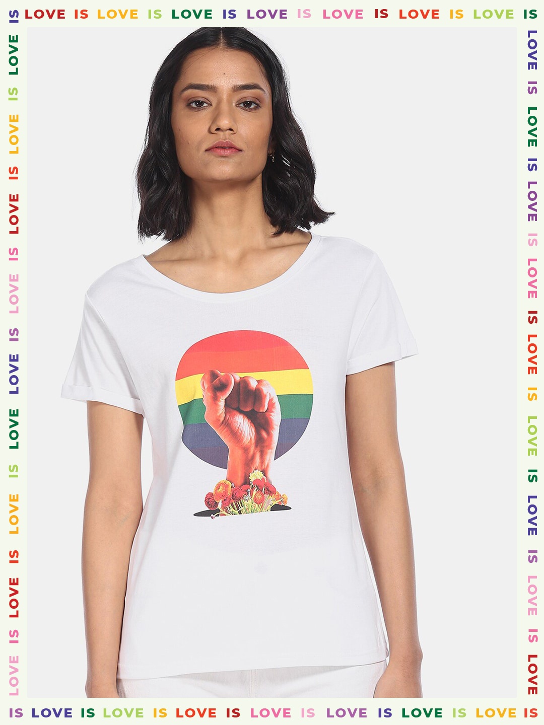 

Sugr Women White Printed Round Neck T-shirt