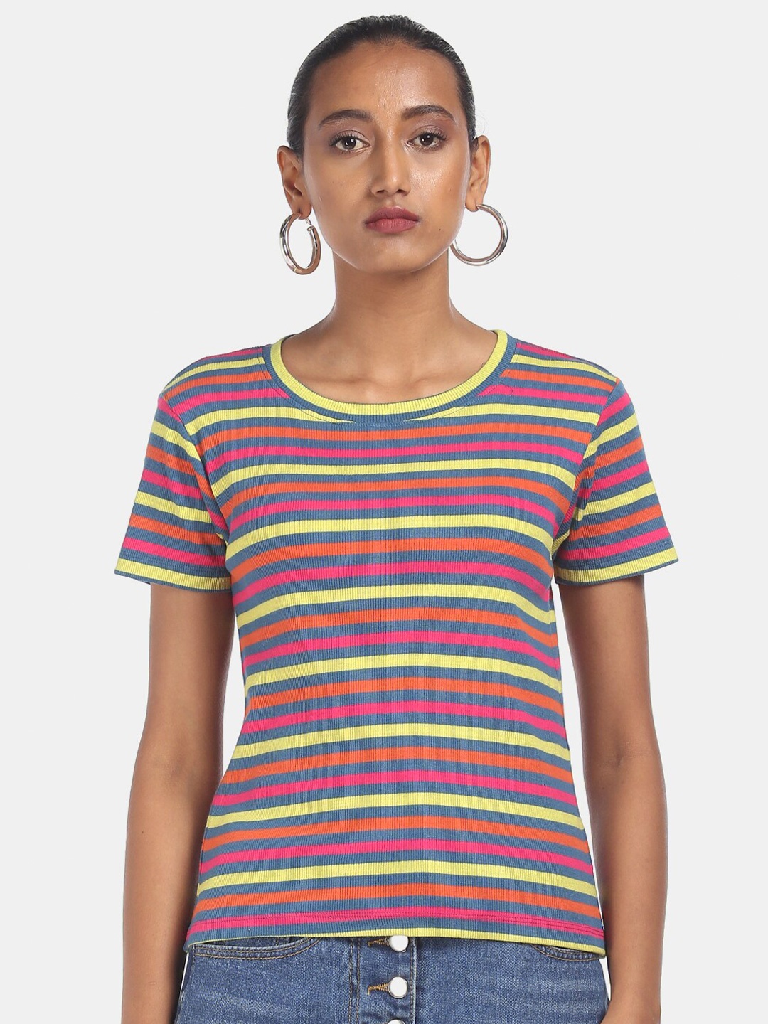

Sugr Women Multicoloured Pure Cotton Striped Round Neck T-shirt, Multi