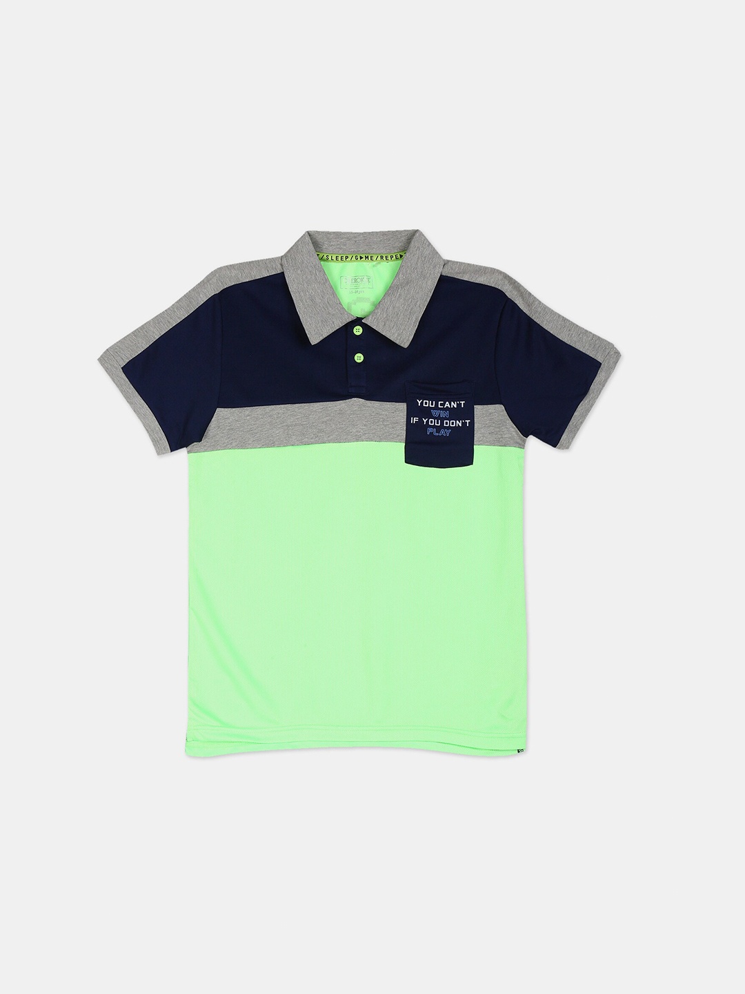 

Cherokee Boys Green & Black Pure Cotton Colourblocked Polo Collar T-shirt