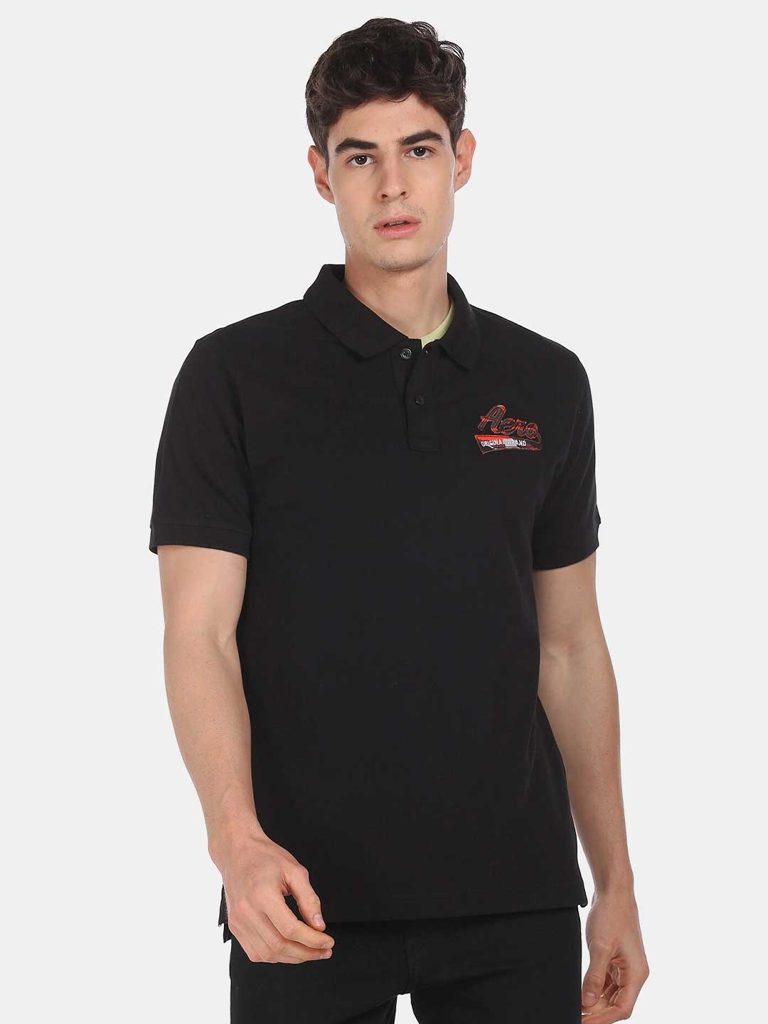 

Aeropostale Men Black Solid Polo Collar T-shirt