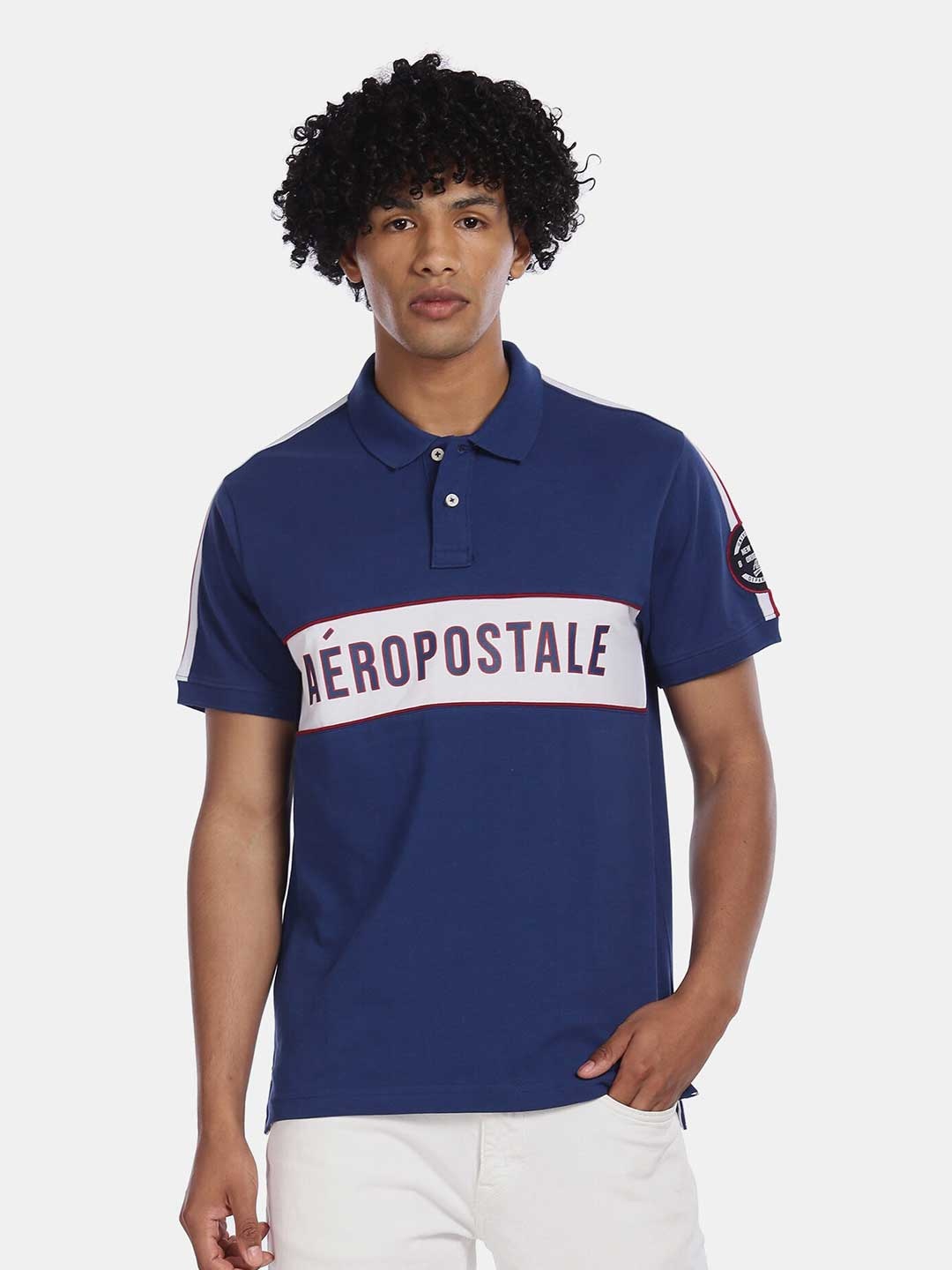 

Aeropostale Men Blue & White Typography Printed Polo Collar T-shirt