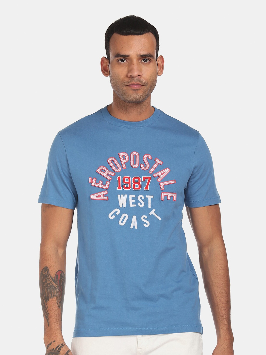 

Aeropostale Men Blue Printed Round Neck T-shirt