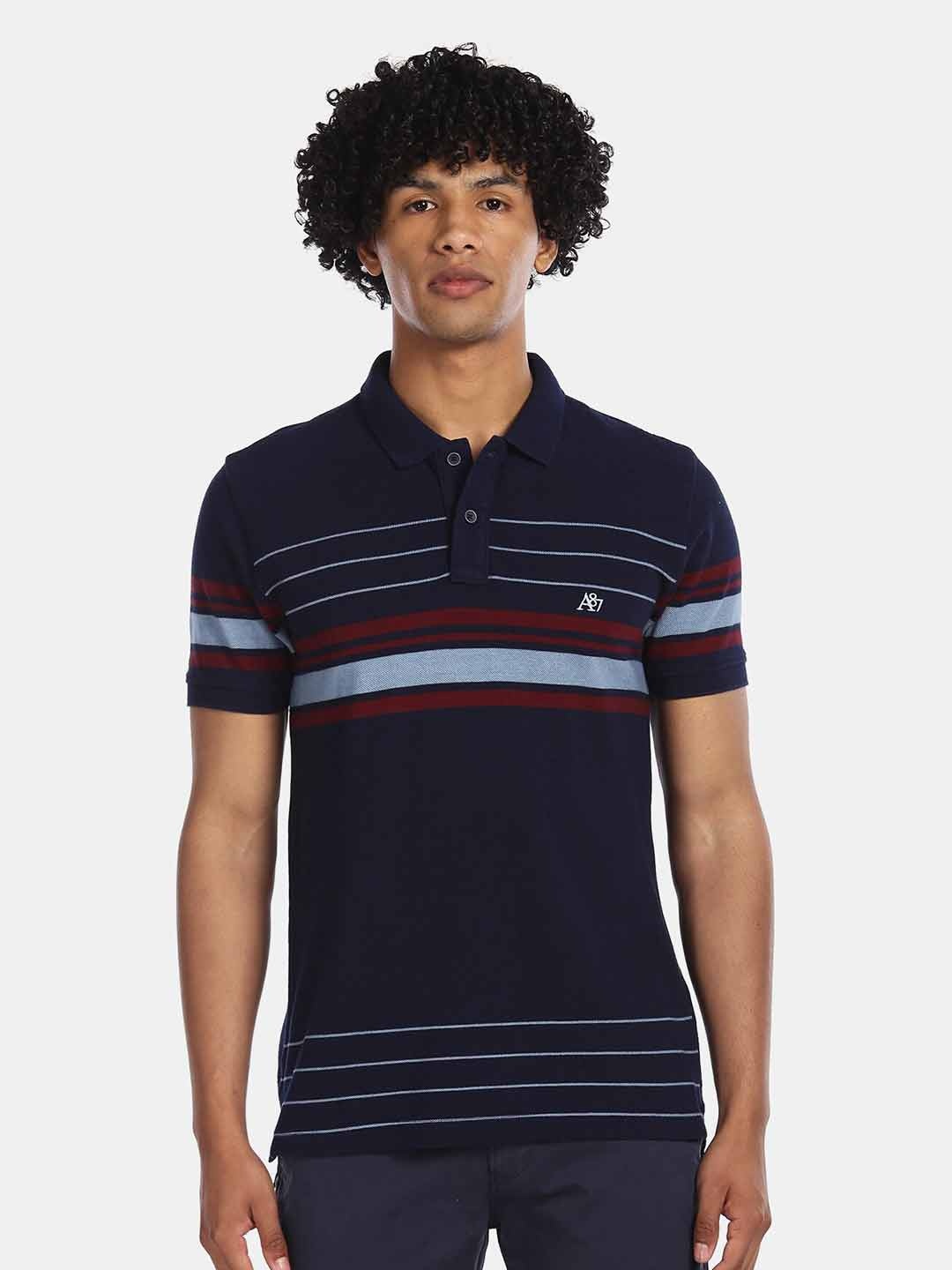 

Aeropostale Men Navy Blue Striped Polo Collar T-shirt