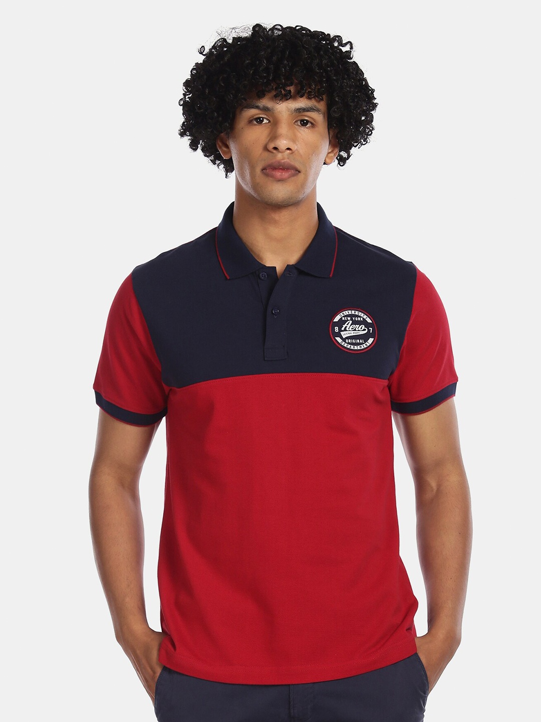 

Aeropostale Men Navy Blue & Red Colourblocked Polo Collar T-shirt