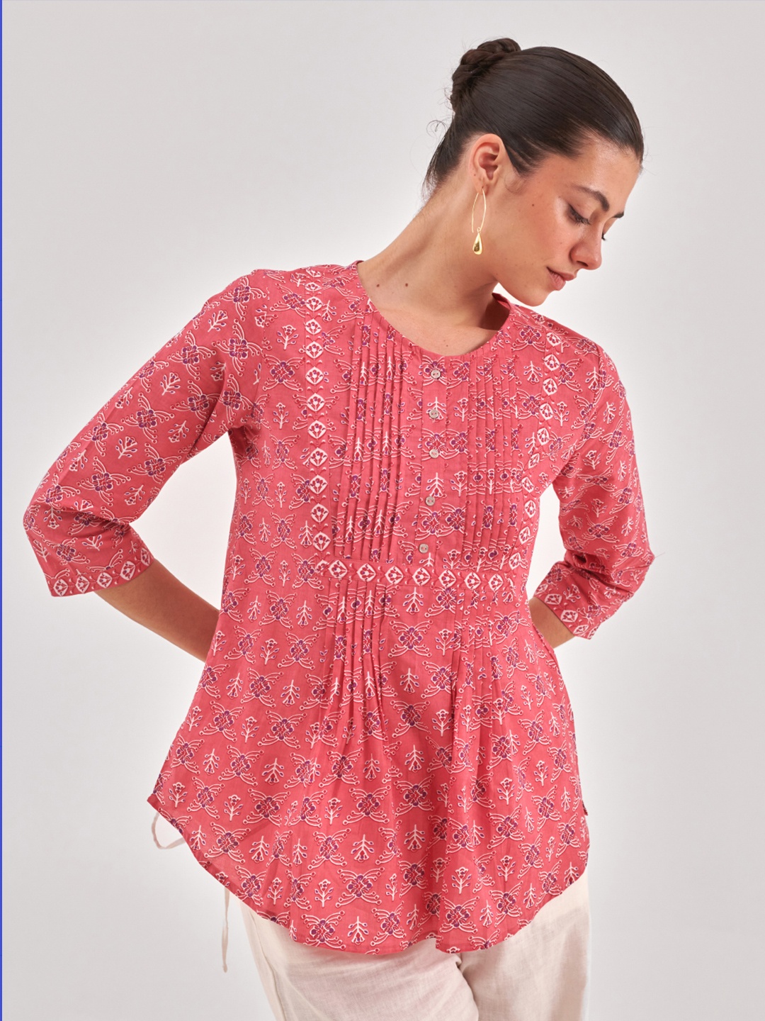 

QOMN Pink Printed Pure Cotton A-Line Top
