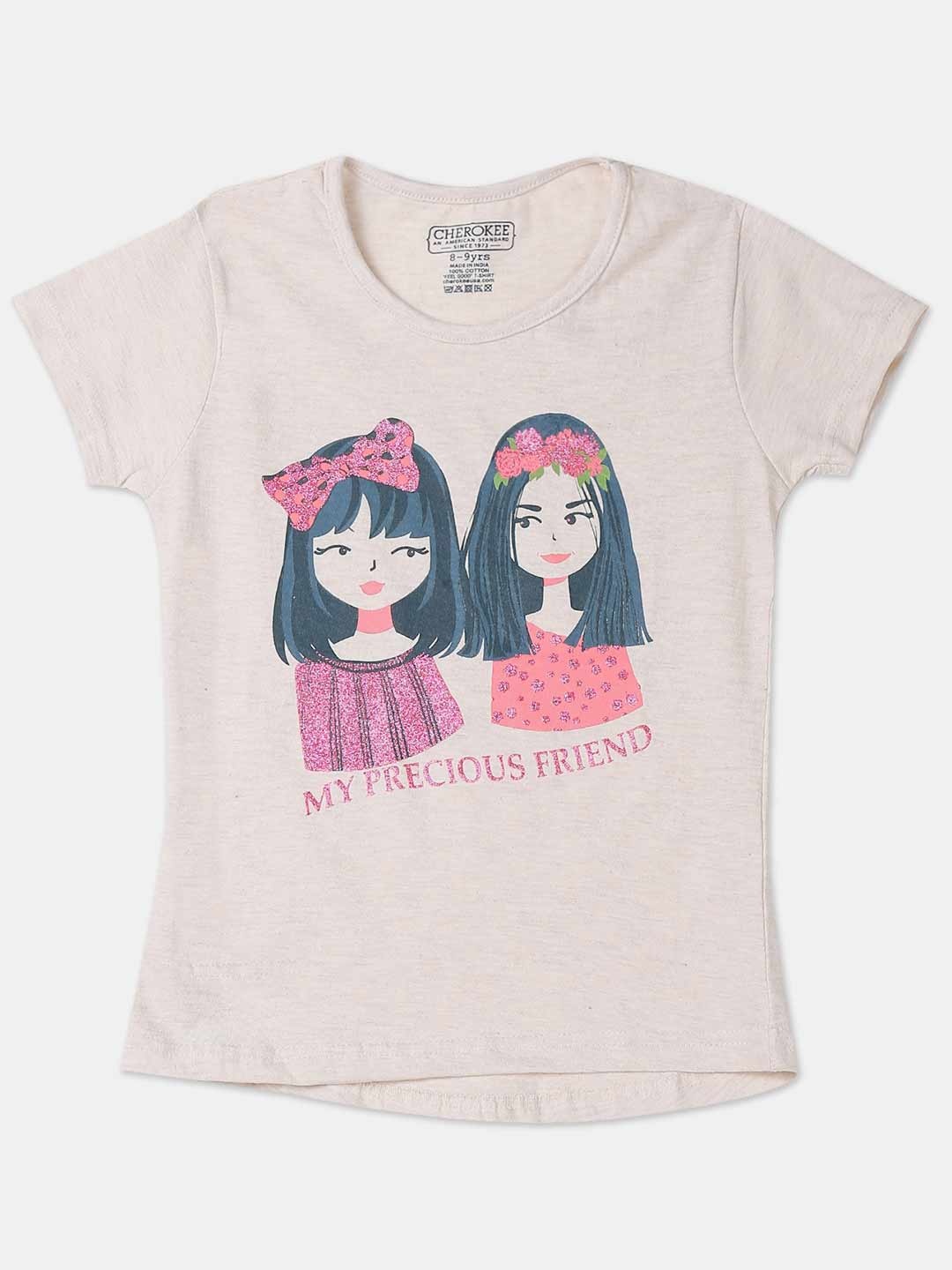 

Cherokee Girls Beige Printed Round Neck T-shirt