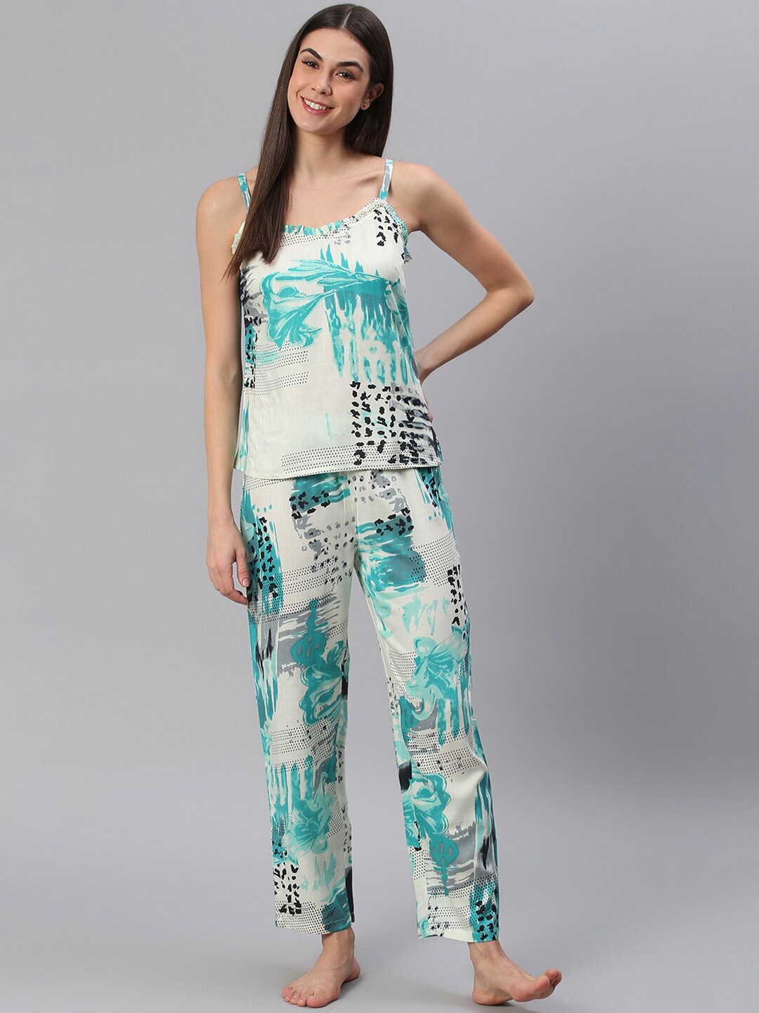 

Cation Women White & Green Printed Night suit