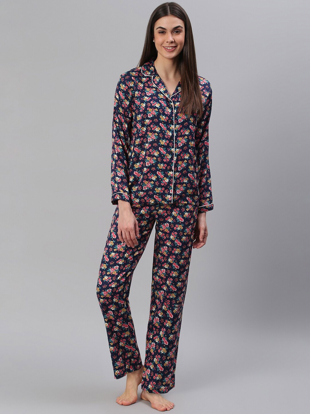 

Cation Women Navy Blue & Pink Printed Night Suit