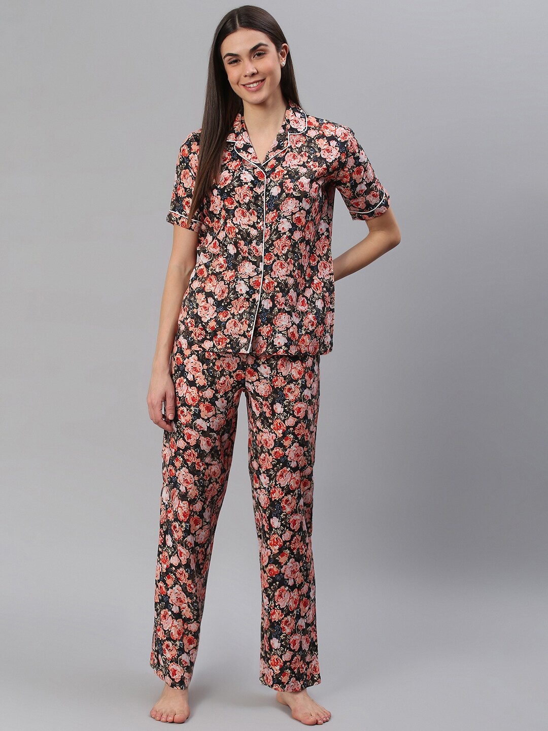 

Cation Women Black & Red Floral Printed Night suit