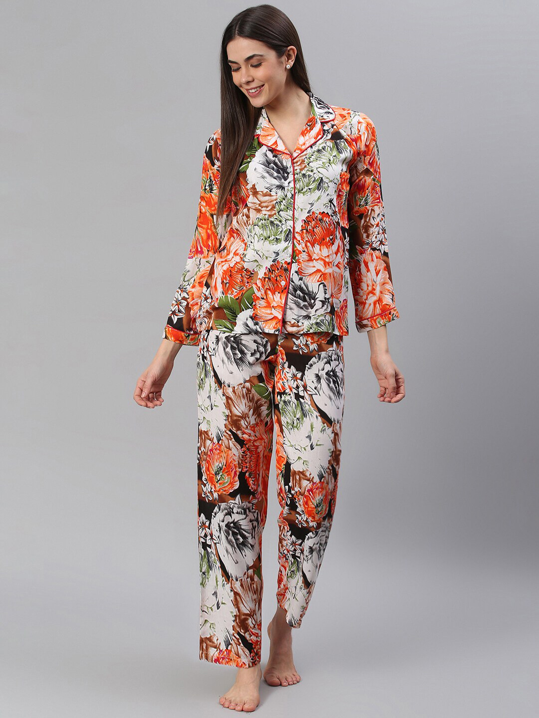 

Cation Women White & Orange Printed Night Suit