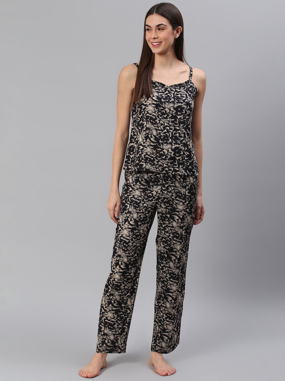 

Cation Women Black & Beige Printed Night suit