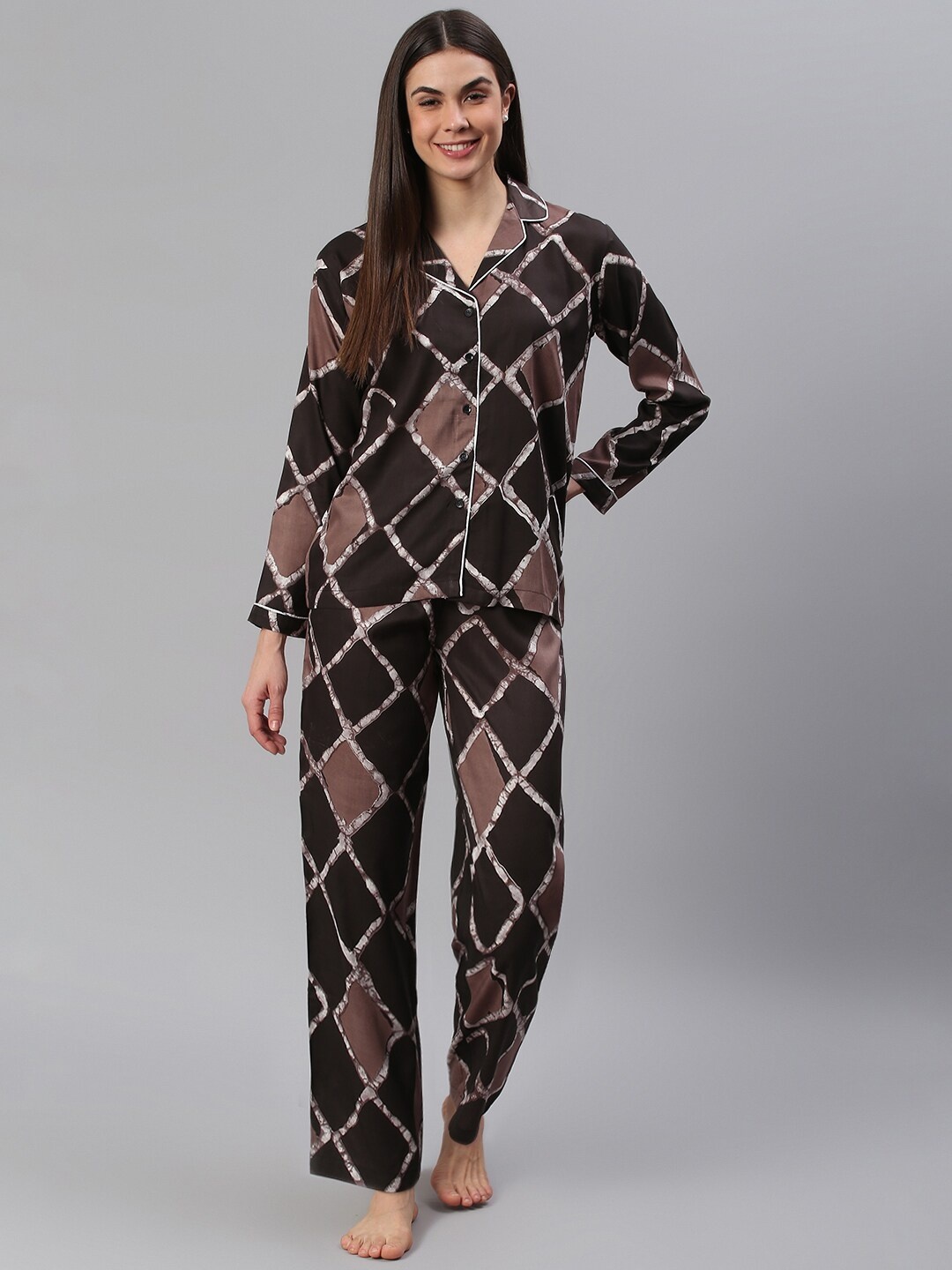 

Cation Women Coffee Brown & White Printed Night suit