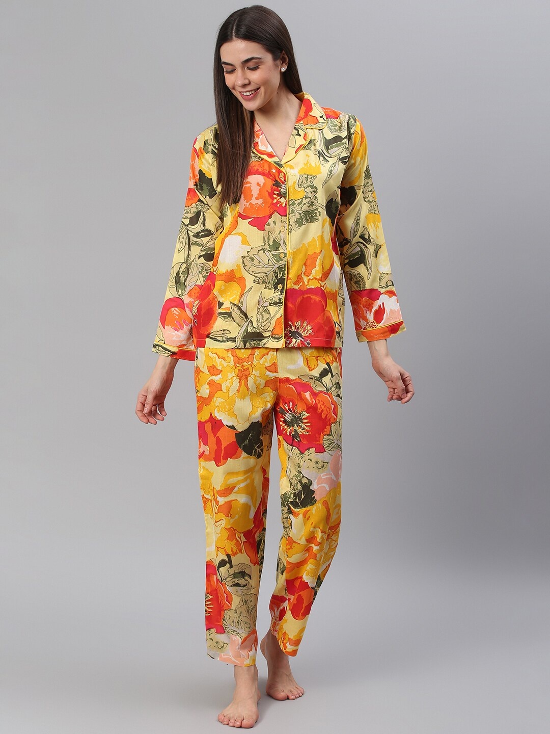 

Cation Women Yellow & Orange Printed Night suit