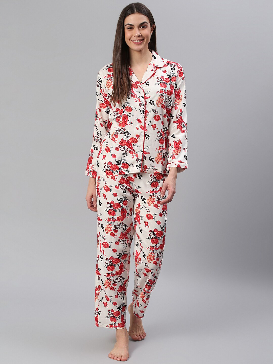 

Cation Women White & Red Floral Printed Night suit
