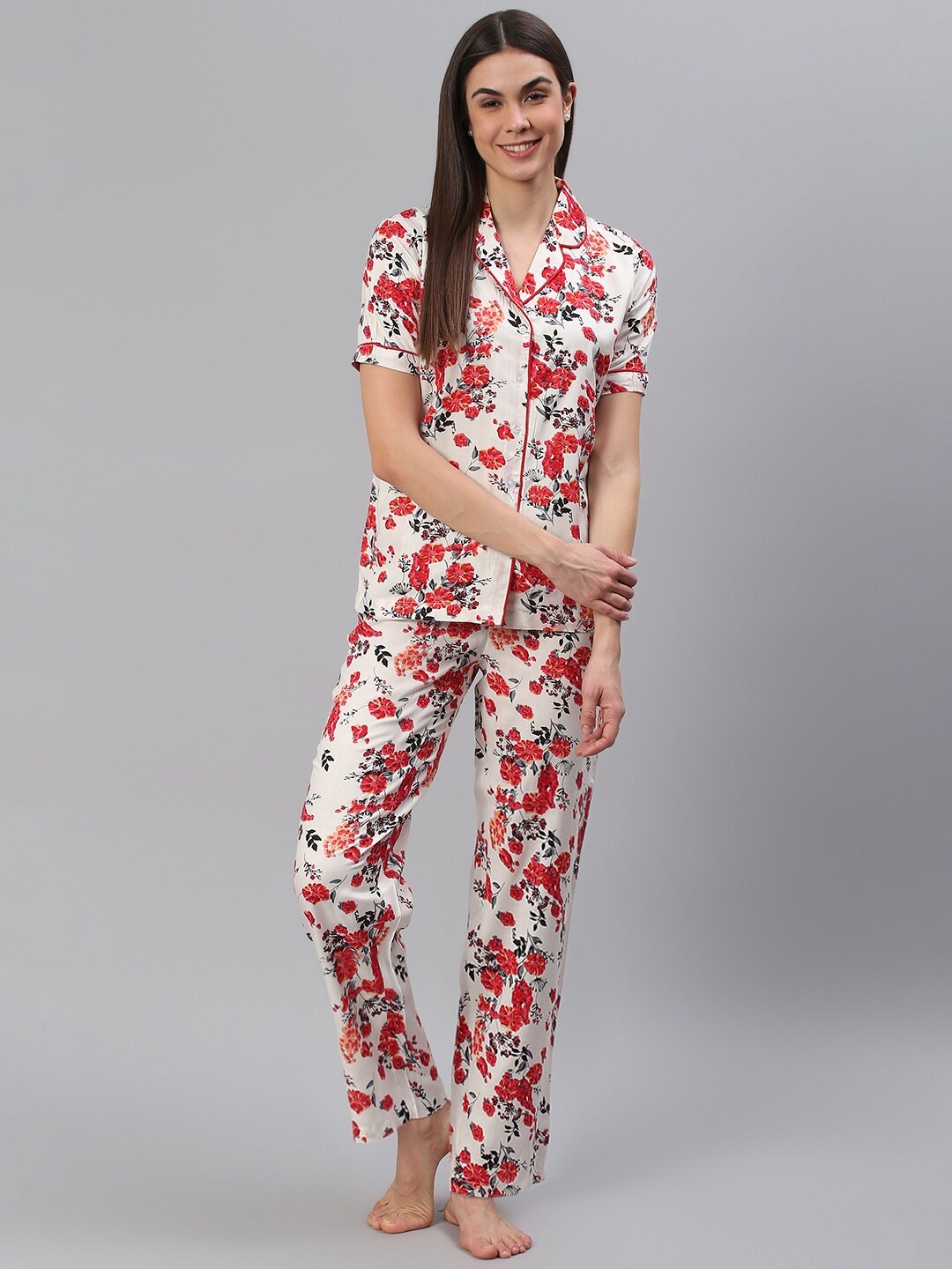 

Cation Women White & Red Printed Night suit