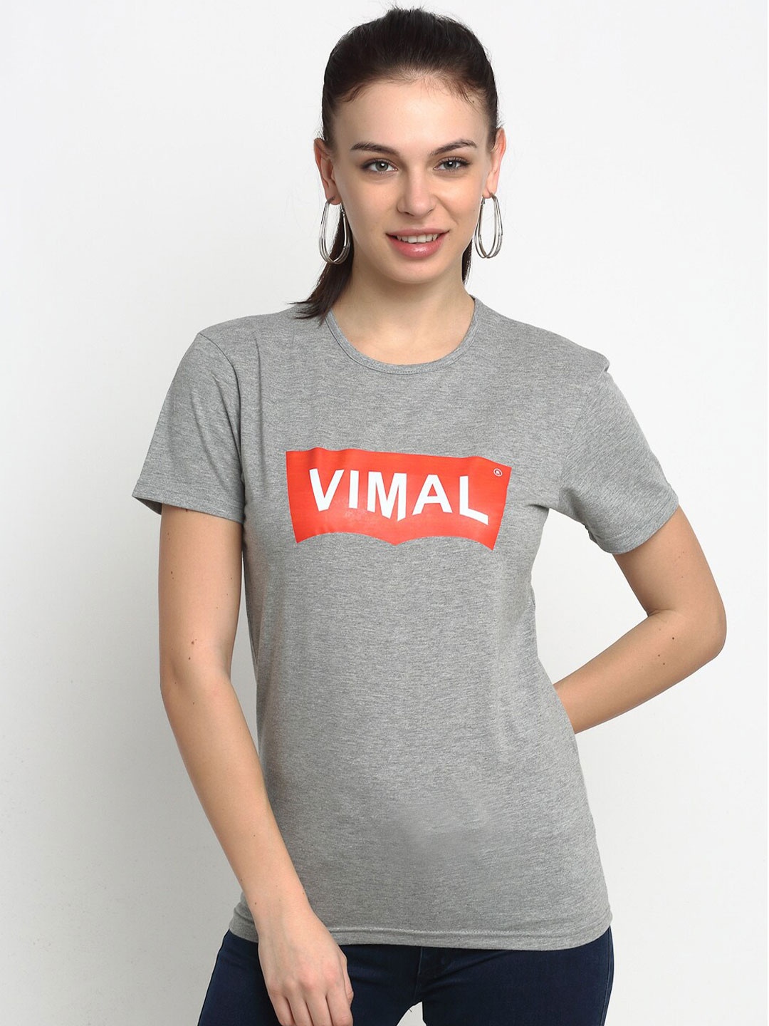 

MACK JONNEY Women Grey Melange Printed Round Neck T-shirt