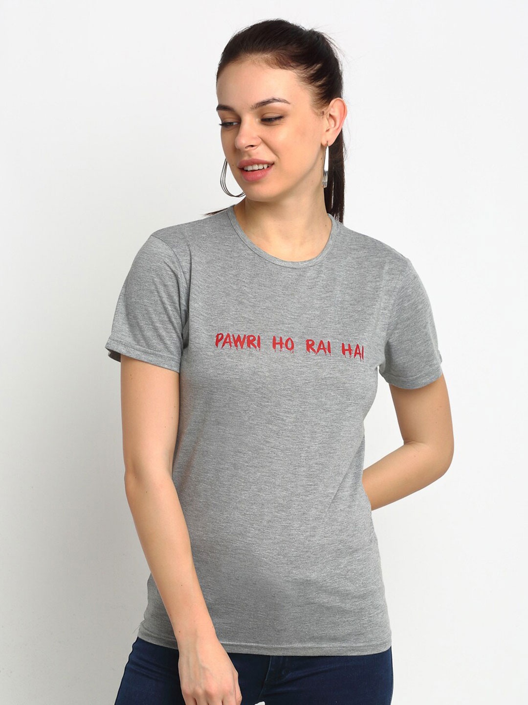 

MACK JONNEY Women Grey Melange Solid Round Neck T-shirt