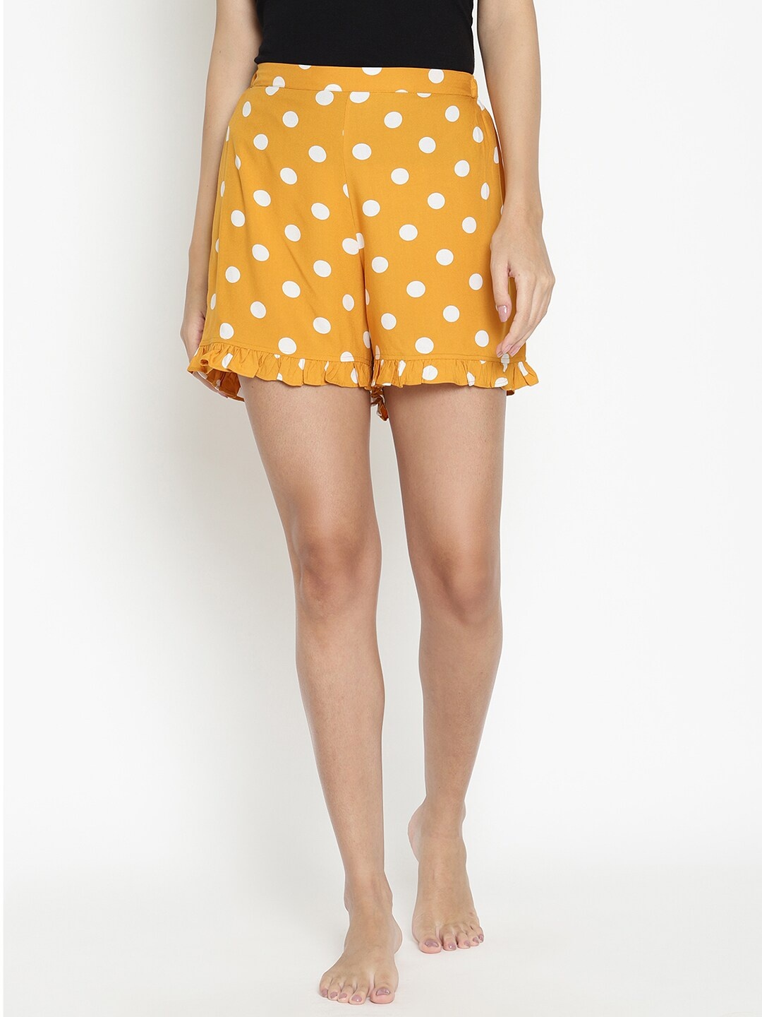

COASTLAND Women Yellow & White Polka Dot Printed Lounge Shorts