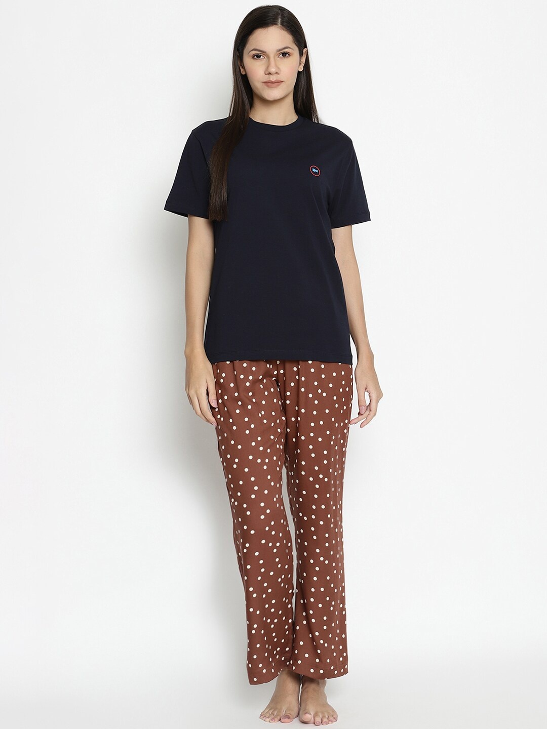 

COASTLAND Women Navy Blue & Brown Solid Night Suit
