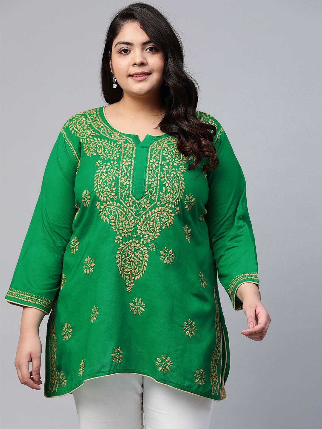 

ADA Women Plus Size Green Chikankari Embroidered Pure Cotton Handloom Kurti