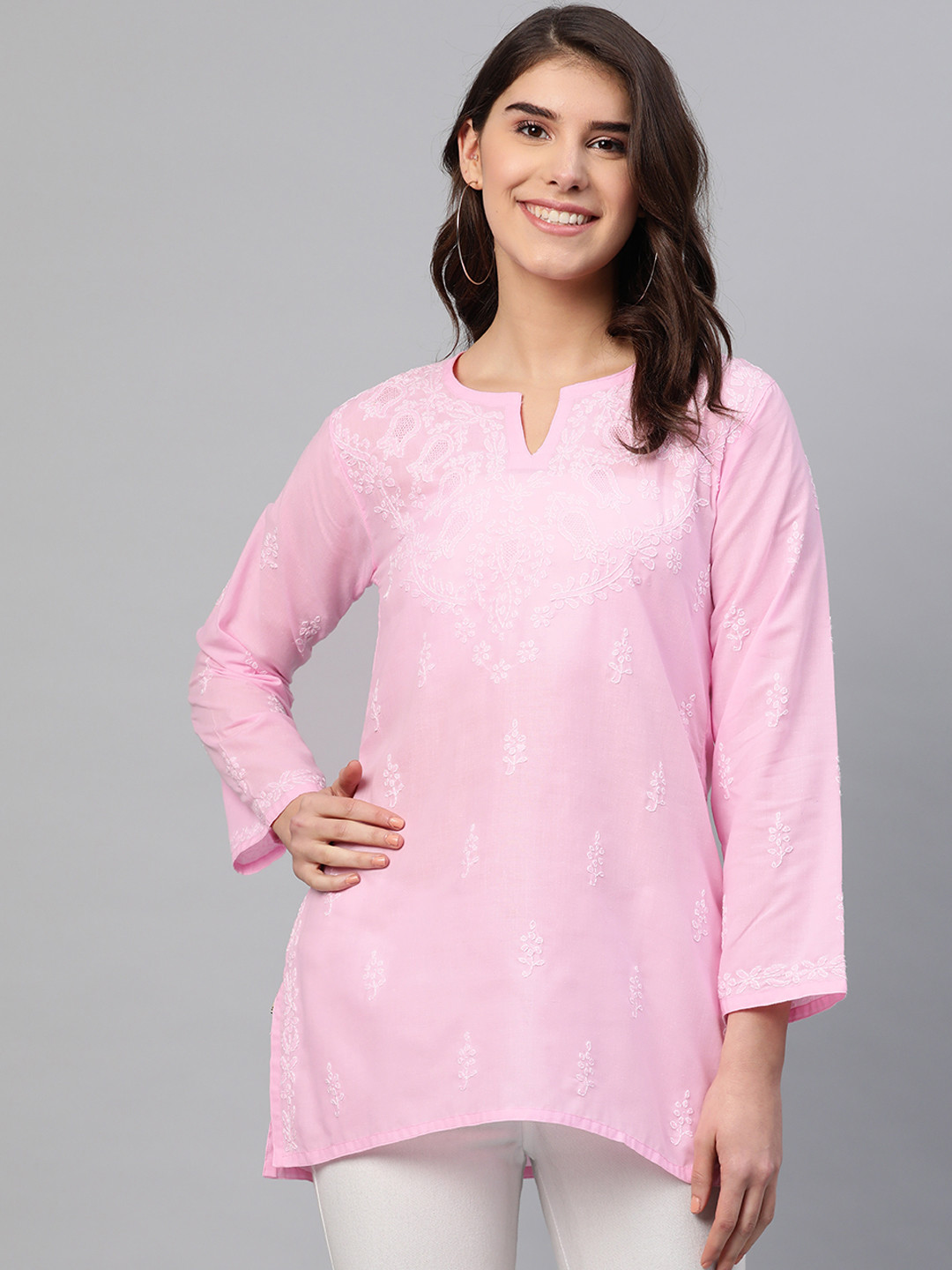 

ADA Pink & White Ethnic Motifs Hand Embroidered Chikankari Pure Cotton Handloom Kurti