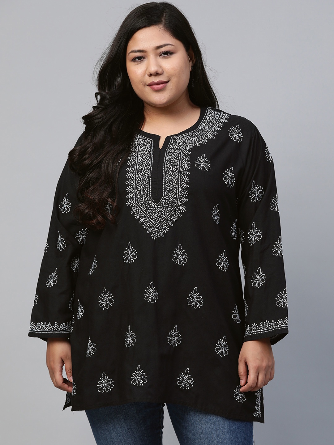 

ADA Women Plus Size Black Chikankari Embroidered Pure Cotton Kurti