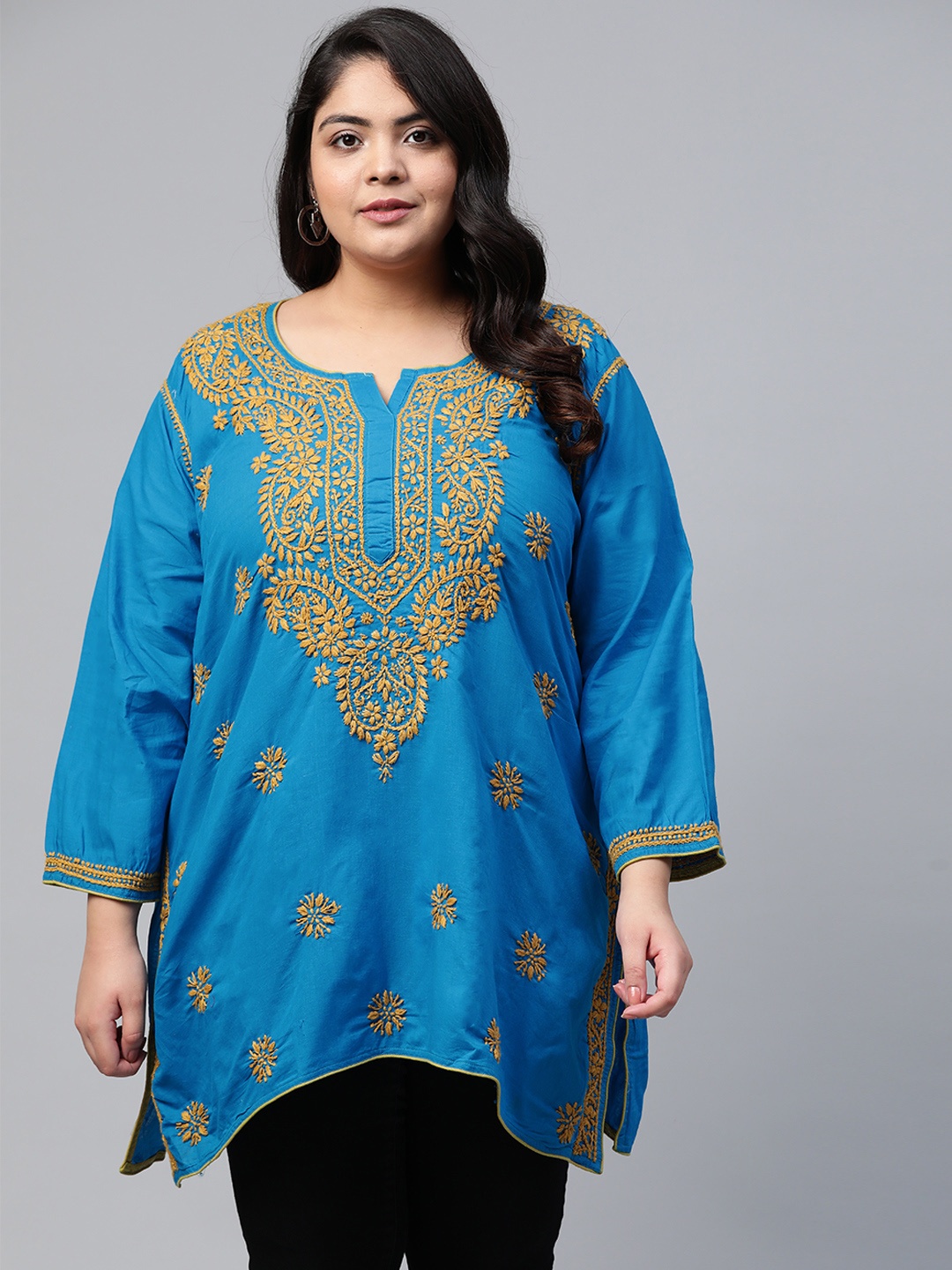 

ADA Women Plus Size Blue Chikankari Embroidered Pure Cotton Kurti