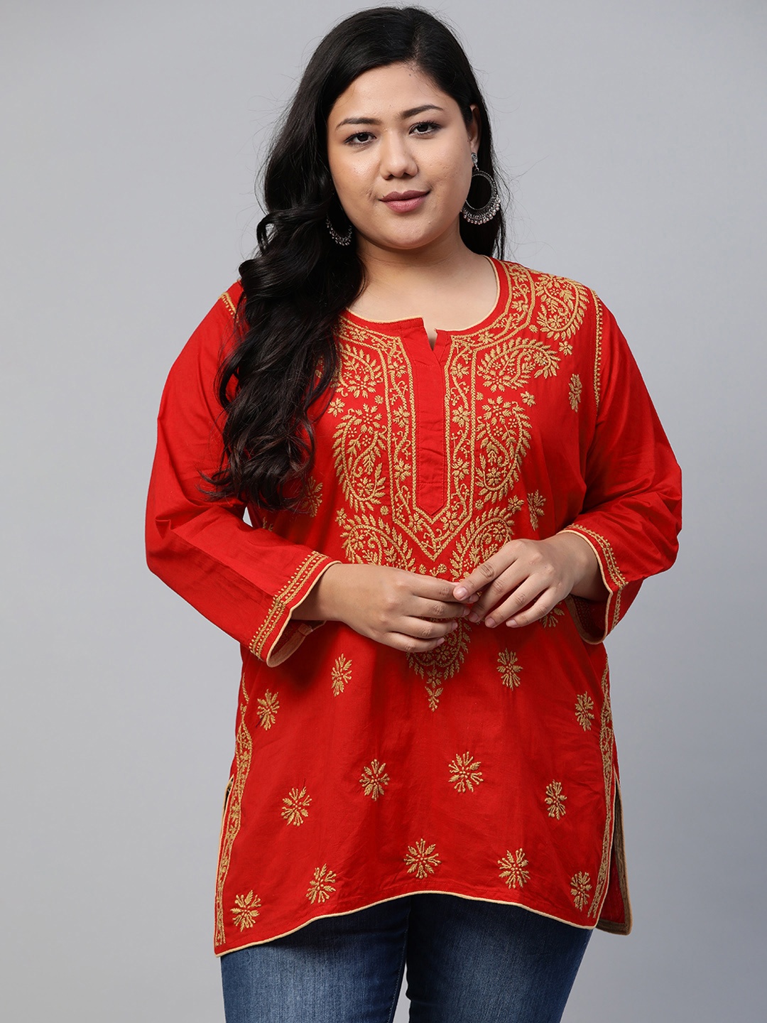 

ADA Women Plus Size Red Chikankari Embroidered Pure Cotton Kurti