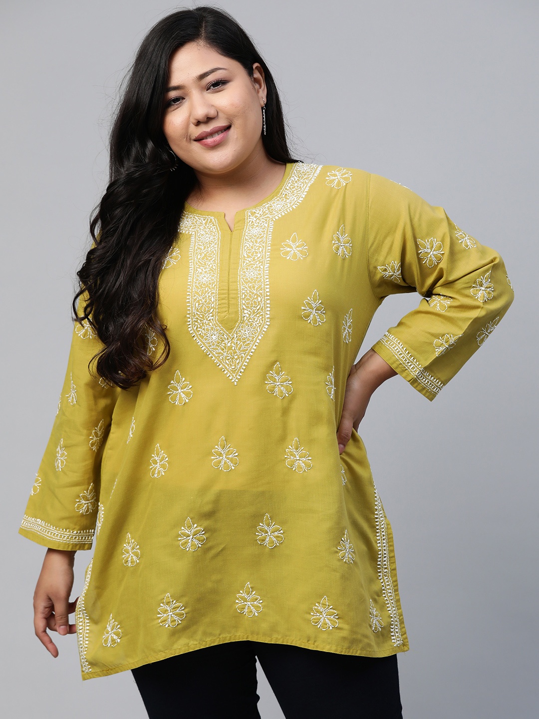 

ADA Women Plus Size Green Chikankari Embroidered Pure Cotton Kurti