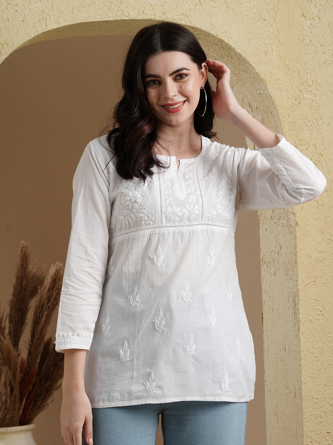 

ADA Women Plus Size White Chikankari Embroidered Pure Cotton Handloom Kurti