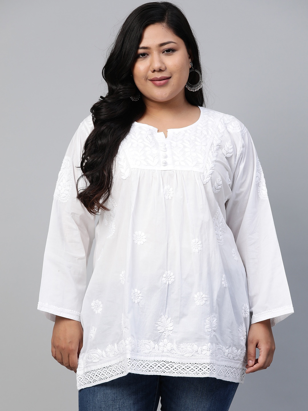 

ADA Women Plus Size White Chikankari Hand Embroidered A-Line Handloom Kurti