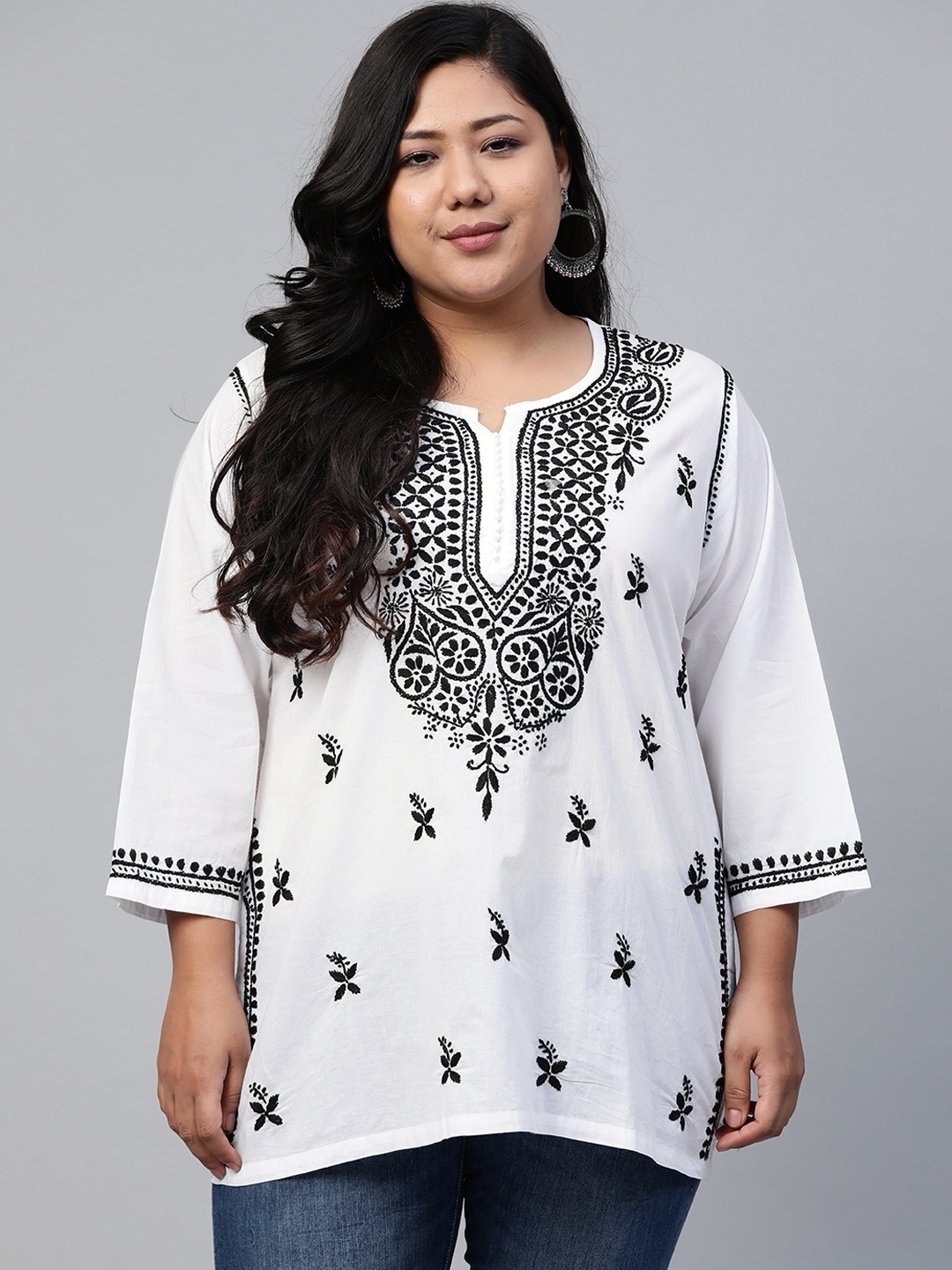 

ADA Women Plus Size White & Black Chikankari Embroidered Pure Cotton Kurti