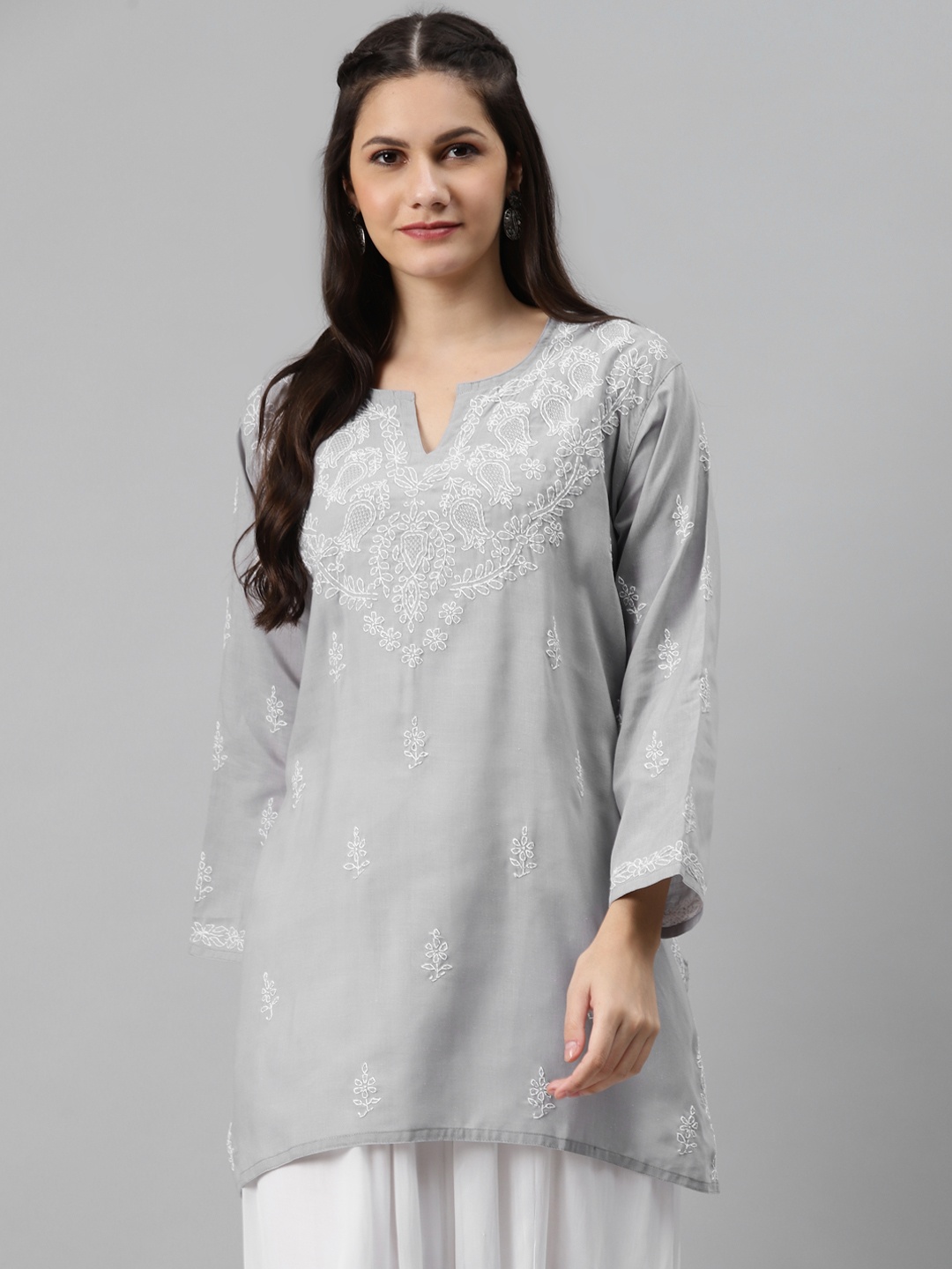 

ADA Grey Ethnic Motifs Hand Embroidered Chikankari Pure Cotton Kurti