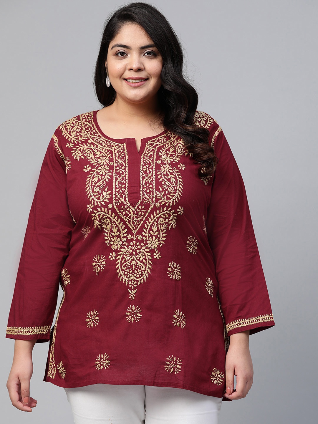 

ADA Women Plus Size Maroon Chikankari Embroidered Pure Cotton Kurti