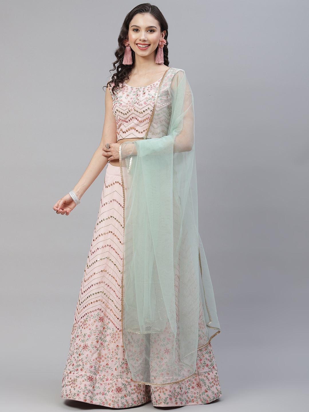 

SHUBHKALA Pink & Green Embroidered Mirror Work Semi-Stitched Lehenga & Unstitched Blouse With Dupatta