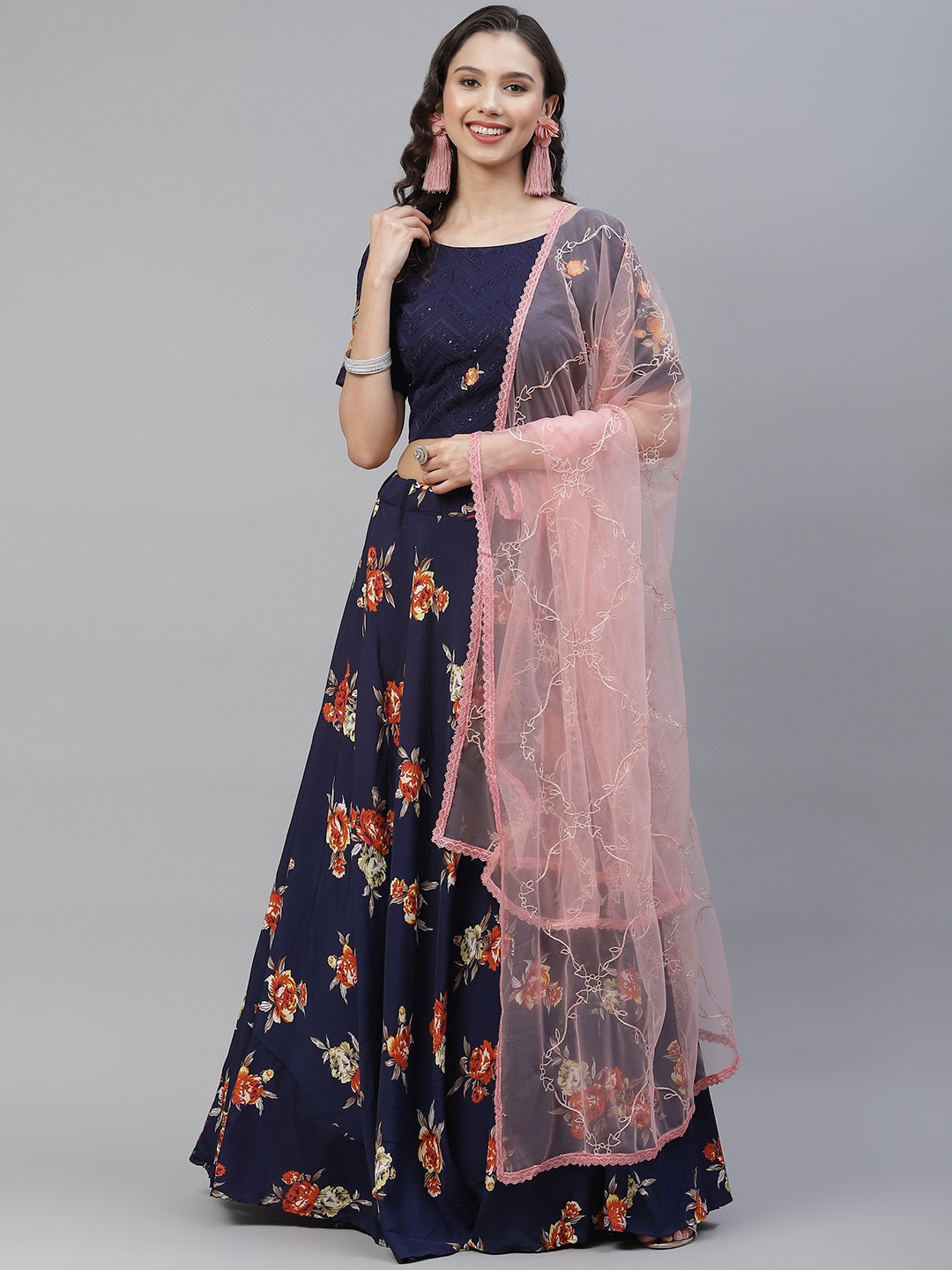 

SHUBHKALA Navy Blue & Coral Embroidered Foil Print Semi-Stitched Lehenga & Unstitched Blouse With Dupatta