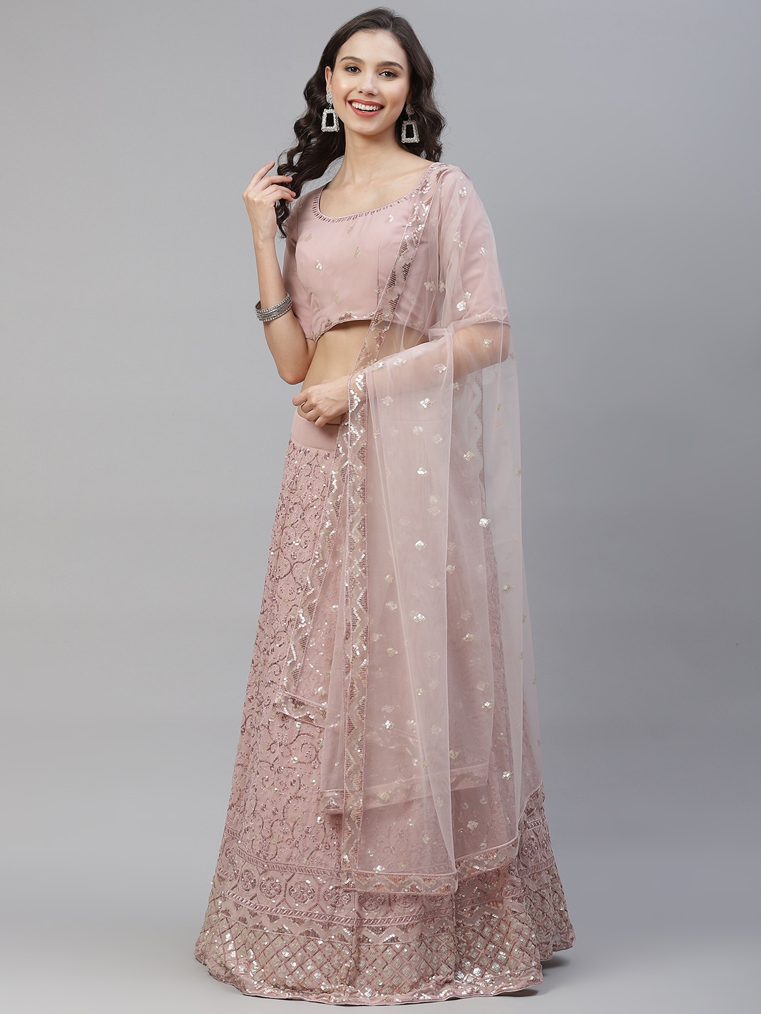 

SHUBHKALA Pink & Gold-Toned Embellished Sequinned Semi-Stitched Lehenga & Unstitched Blouse With Dupatta