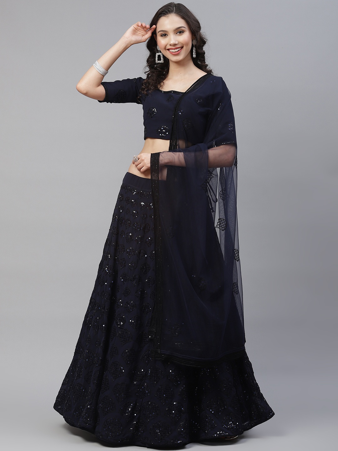 

SHUBHKALA Navy Blue & Embroidered Sequinned Semi-Stitched Lehenga & Unstitched Blouse With Dupatta