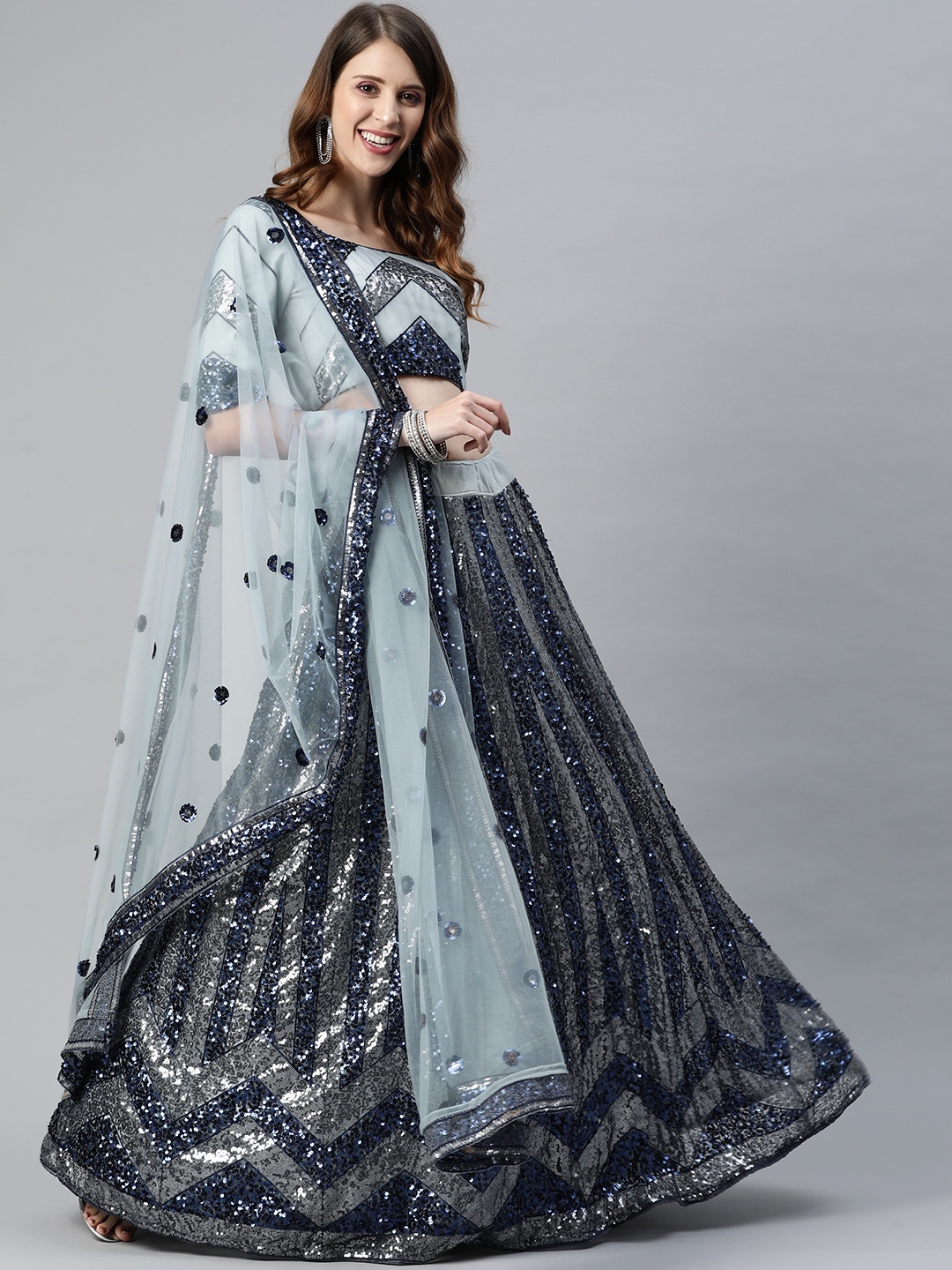 

SHUBHKALA Blue & Grey Embellished Sequinned Semi-Stitched Lehenga & Unstitched Blouse With Dupatta