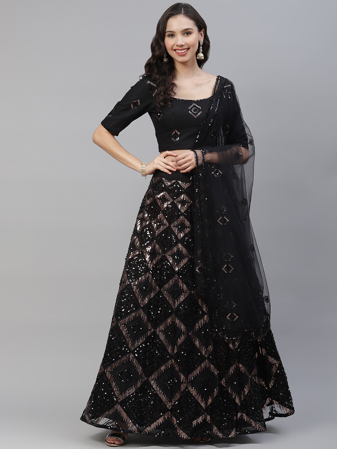 

SHUBHKALA Black Sequinned Semi-Stitched Lehenga & Unstitched Blouse With Dupatta